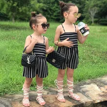 Летний детский повседневный комбинезон для девочек; полосатый комбинезон без рукавов без спинки; комбинезон для девочек; Одежда для новорожденных