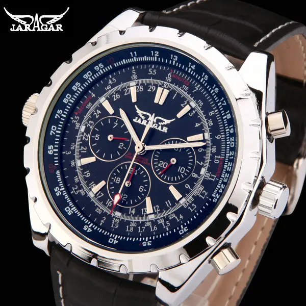 

JARAGAR Men Luxury Brand Watch 6 Hands 3 sub-dials Military Leather Band Automatic Mechanical Wristwatches Gift Box 2016 New