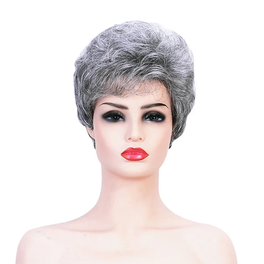 

Gres Synthetic Short Curly Hair Puffy Silver Grey Wigs With Bangs For the Aged Woman High Temperature Fiber Women Toupee