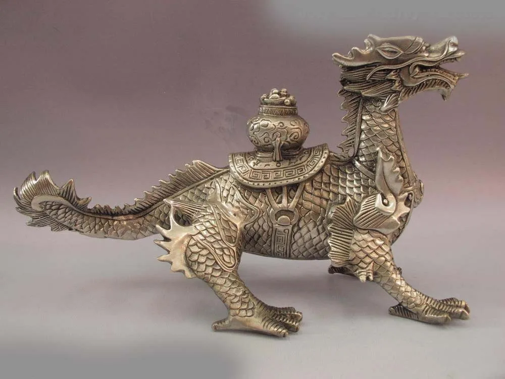 

Chinese White Copper Silver Feng shui Lucky Beast Treasure bowl Dragon Statue SD 506