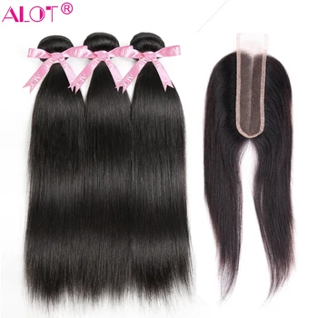 

Brazilian Straight Hair Bundle With Closure 3 Bundles Human Hair Weave 2x6 Middle Part Lace Closure With Bundles 4 Pcs Non Remy