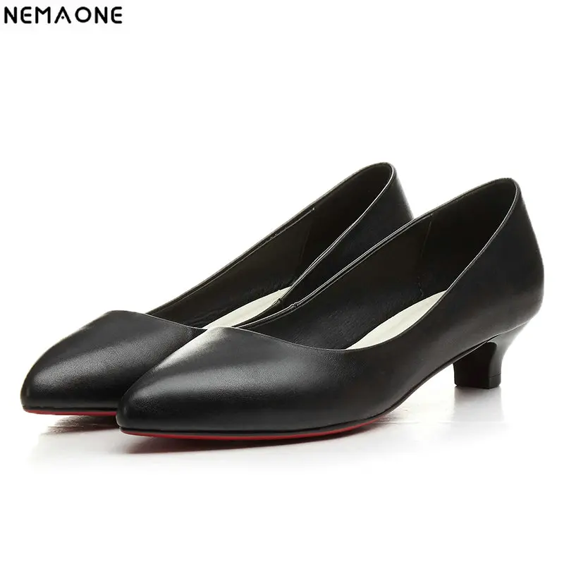 

NEMAONE Ladies Shoes Black Pumps cow Leather 3CM Low Heel Shoe Nude Office Shoes Elegant Women Wedding Party Shoes Big Size