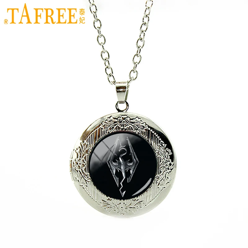 

TAFREE Handmade Vintage Skyrim emblem cabochon dome locket necklace Hot sale fashion men Dragon animal pendant jewelry N565
