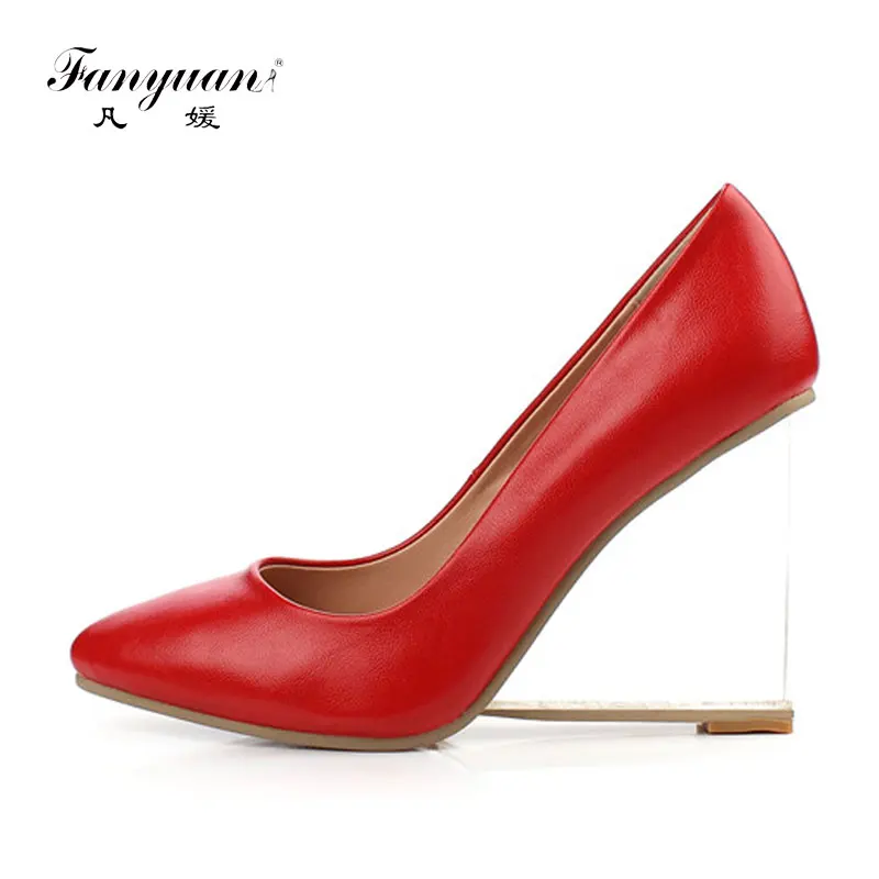 

Fanyuan 2018 Patent Cow Leather Sweet Party Wedges Pointed Toe Basic Spring/Autumn Women Pumps Shoes Weding shoes Plus size 42