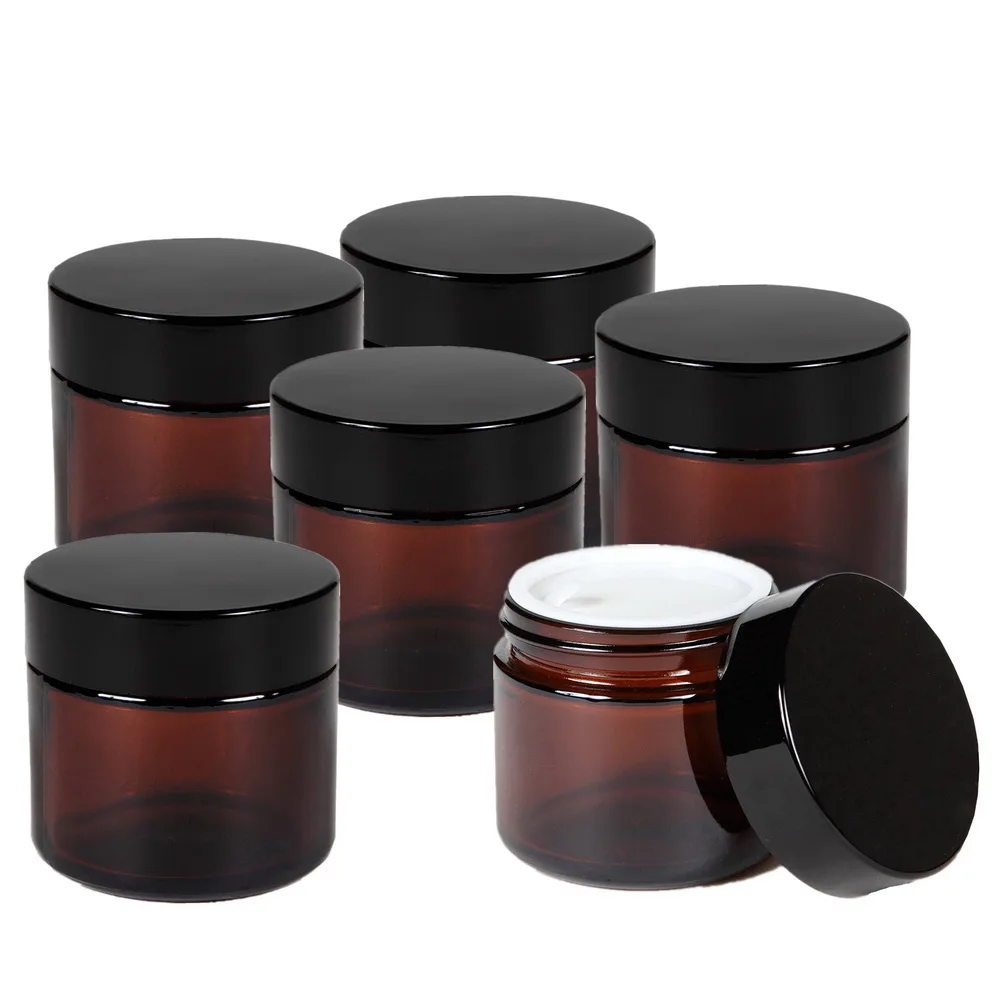 6 X 50g Round Amber Glass Jar Straight Sided With Black Plastic Lid Cap Inner Liner for Cream Salve Homemade Lotion Cosmetics