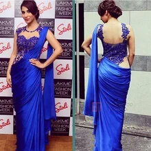 Arabische Indischen Frauen Abendkleider 2017 Sexy Royal Blue Mermaid Applique Sheer Wrap Party Formales Abschlussball-kleider Partei Saree