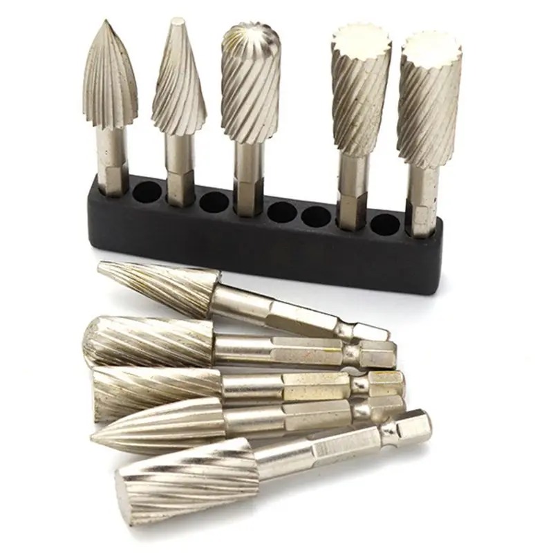 5pcs 1/4" Hex Shank HHS Rotary Wood Carving Burr File Rasp Drill Bit Set for Woodworking Engraving Rotating Grind Polisher