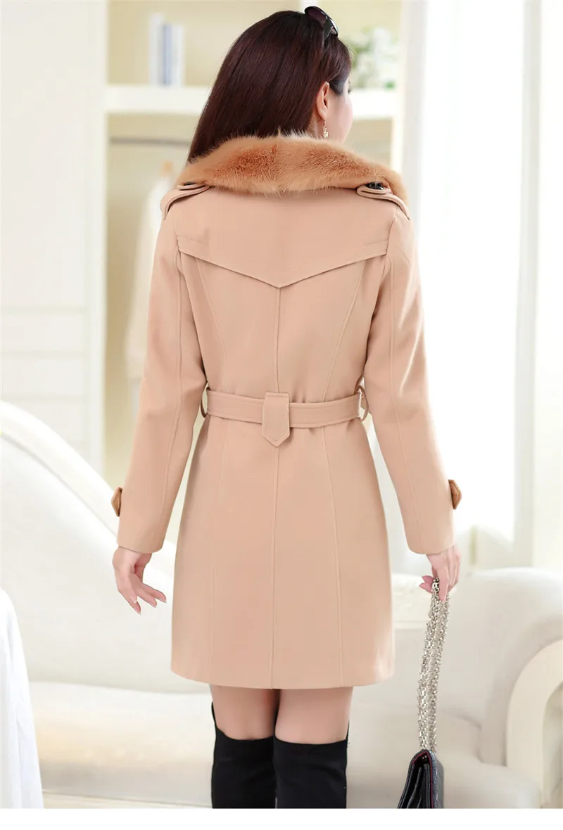 women autumn winter double breasted wool trench coat-2