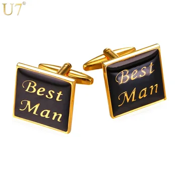 

U7 Cuff Button links For Men Office/Wedding Suit Accessories Fashion Jewelry Black Gold Color Best Man Letter Cufflinks C026
