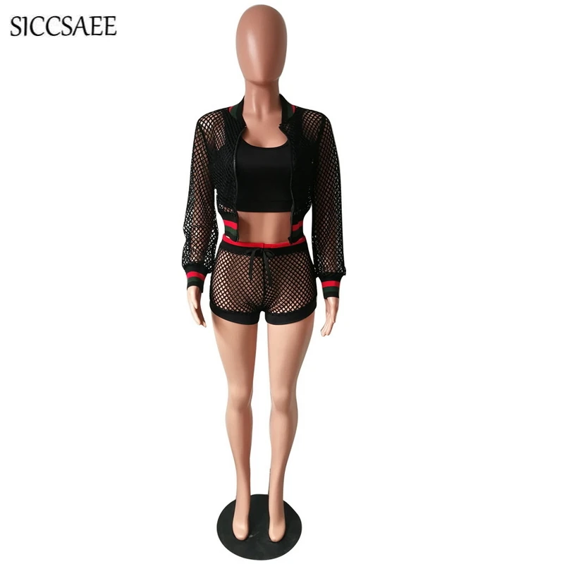 2018 Fall Black 3 Piece Set Mesh Crochet Sheer Short Sets For Women Tank Top Outfits Striped Printed Bike Shorts Sexy Club Wear 2018 Fall Black 3 Piece Set Mesh Crochet Sheer Short Sets For Women Tank Top Outfits Striped Printed Bike Shorts Sexy Club Wear