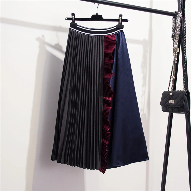 Falbala сплайсинга Bump Цвет плиссированная юбка юбки для женщин темперамент Асимметричная юбка средней длины Женские базовые юбки Vestido