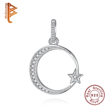 

BELAWANG Genuine 925 Sterling Silver Charming Star & Moon Clear CZ Charm Pendant fit Bracelets & Necklace DIY Fashion Jewelry
