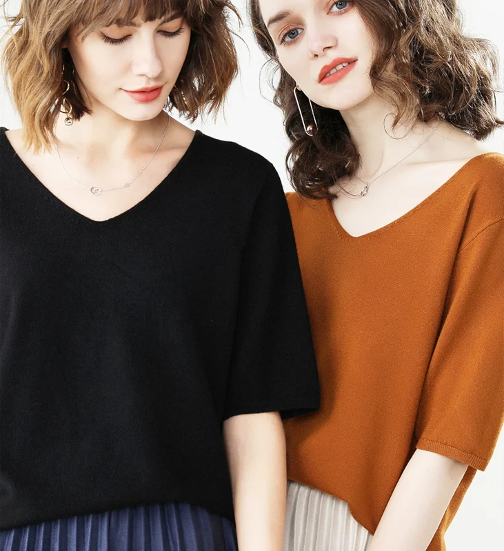 

Korean Style Women's T-shirt Summer 2019 Short Sleeve Knitted Tee Shirt Femme Solid Vintage Streetwear Vogue Shirt Balck White