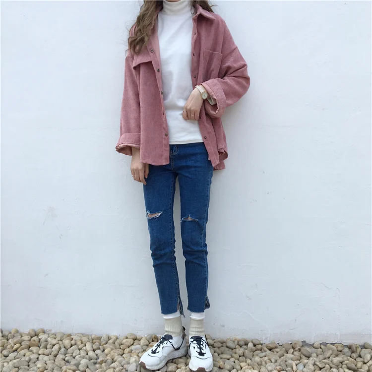 2 colors spring and autumn Loose Shirts Korean Solid Blouse Long Sleeve Corduroy blouses Women Tops outwear coats C6016