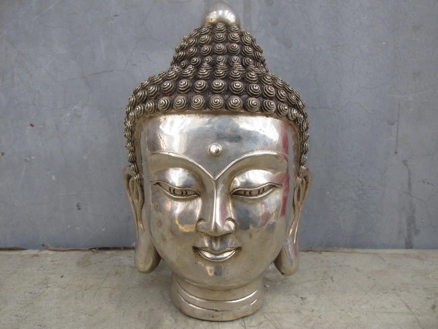 

9"China Buddhism White Bronze Silver Sakyamuni Buddha head statue