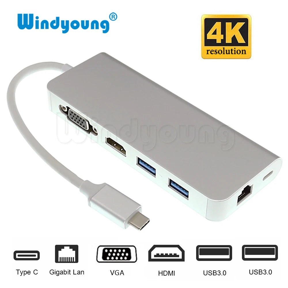 

Thunderbolt 3 USB 3.1 USB -C Type C Hub with 4K 30hz HDMI VGA 1000M Gigabit RJ45 2 Port USB 3.0 Hub Type C PD Charging Adapter