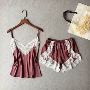

Women Pyjamas Suit Sexy Loose Pajamas Set Lace V-Neck Sleep Set 2PCS Sleepwear Strap Shirt Charming New Design Nightwear M-XL