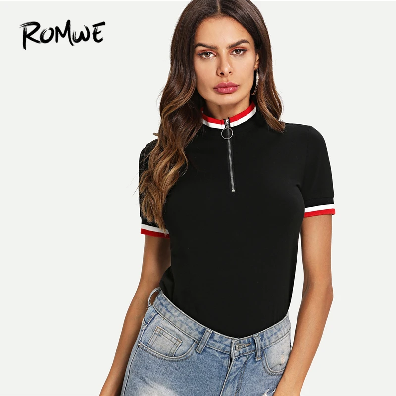 

ROMWE Contrast Trim O-Ring Zip Half Placket Tee 2019 Spring Autumn Short Sleeve Top Tees Women Stand Collar Korean Clothes Shirt