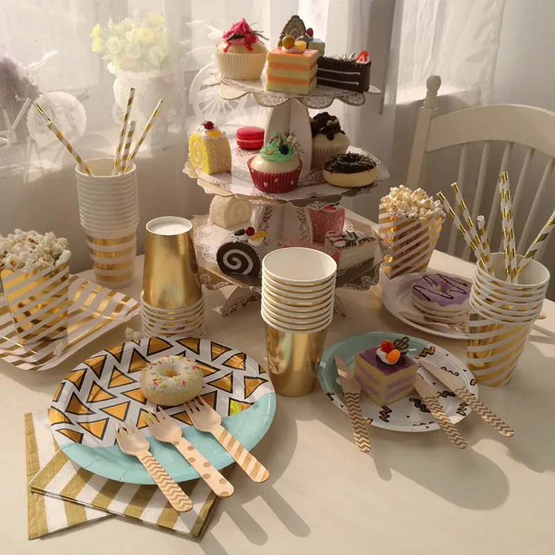 

Colorful Triangle Rose Gold Party Disposable Tableware Gilding Paper Straws/Cup/Plate Table Decor Children Kid Birthday Supplies
