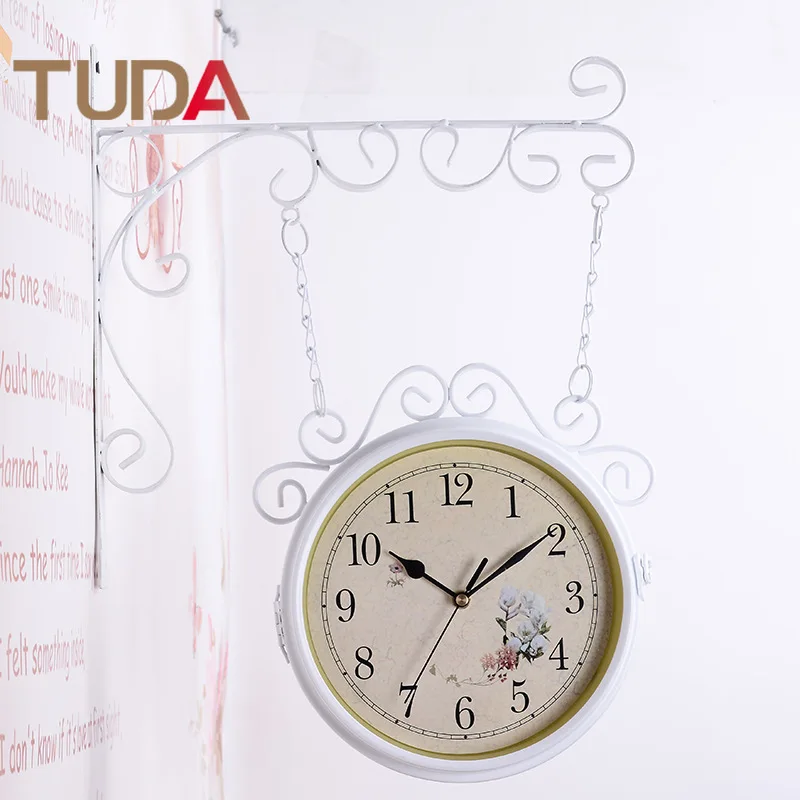 

TUDA European Creative Home Double-sided Clock for Retro Silent Movement Wrought Iron Wall Clock Living Room Bedroom Wall Clock
