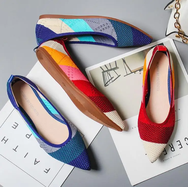 

2019 Flats Pointed Toe Roman hot design mixed colors pointed toe slip on mules women single shoes microfiber knitted flats femme