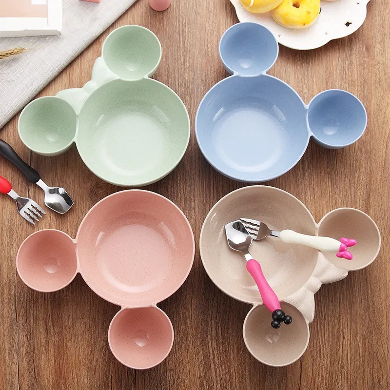 3Pcs Baby Bamboo Tableware Solid Feeding Dishes Children Food Dinnerware Set