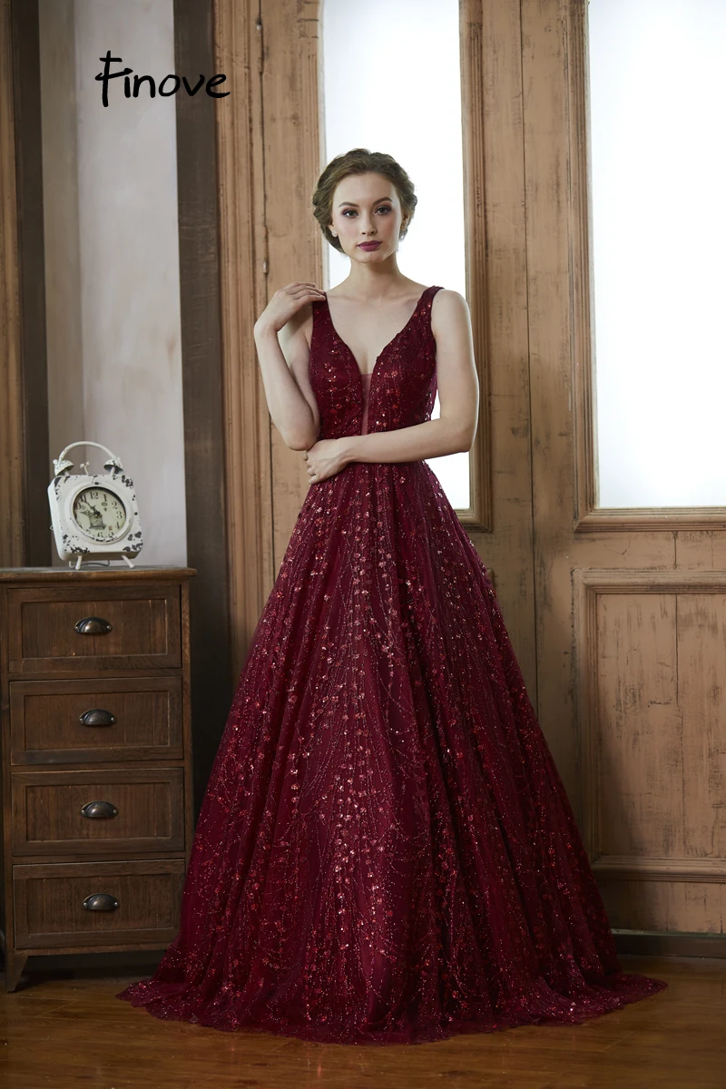 Finove, вечернее платье, длинное,, Robe de soiree, винно-красное, светоотражающее платье, расшитое блестками, сексуальное, v-образный вырез, ТРАПЕЦИЕВИДНОЕ, официальное, для вечеринки, женское платье