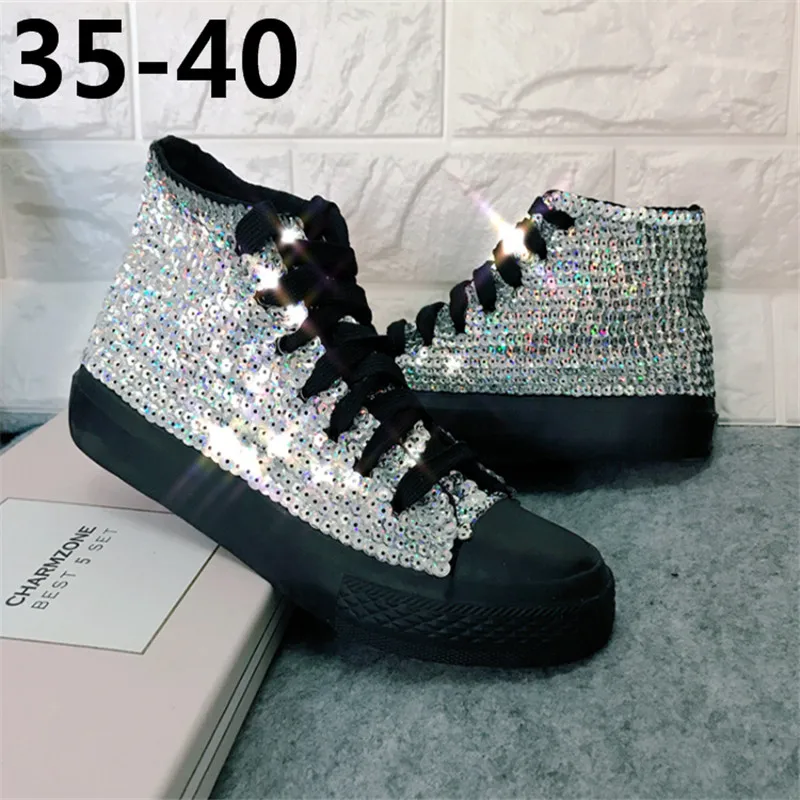 

Outdoor soft bottom sequins high shoes new Hong Kong style super fire street canvas canvas flat-bottomed sneakers