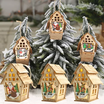 

2019 Christmas fairy lights Luminous LED Wooden House DIY Wood Chalet Christmas Tree Hanging Xmas Holiday decorative led lights