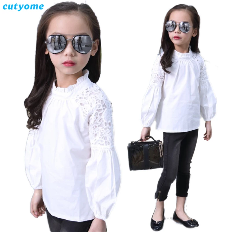 White Puff Sleeve font b Blouses b font for Baby Girls Cutyome Long Sleeve Floral Lace