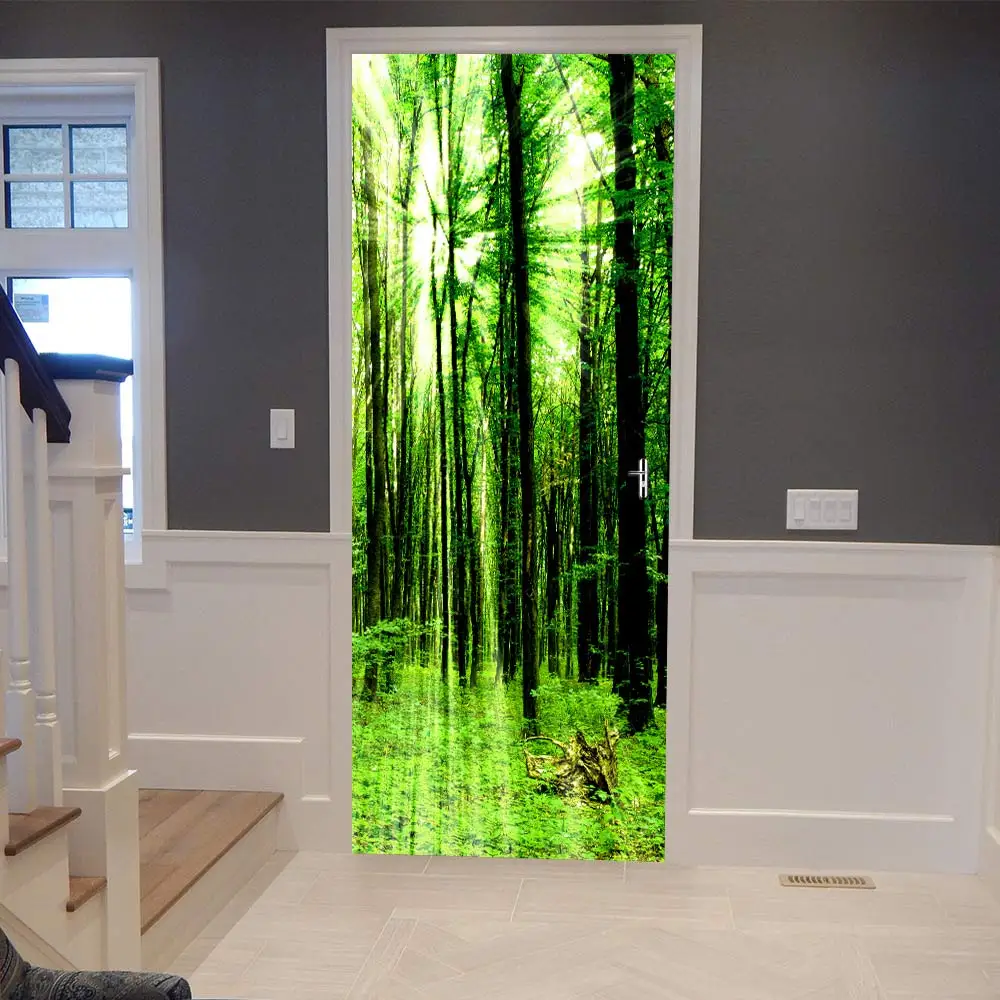 

77x200cm Fashion 3D Art Green Tree Door Sticker or Living Room Bedroom PVC Adhesive Wallpaper Home Decor Waterproof Mural Decal