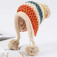 HT1996 2022 New Winter Knitted Hats Women Patchwork Pompon Balls Earflap Caps Ladies Warm Thick Winter Beanies Female Beanie Hat 1