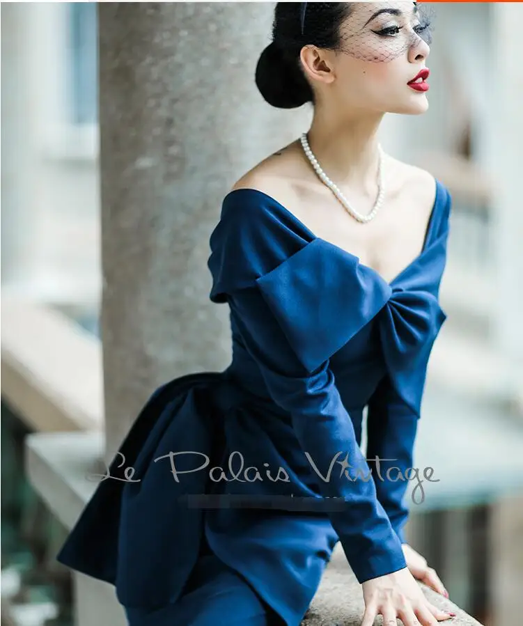 

Vintage Dark Blue Pleated Slim Dress Zipper Step Autumn Dress High Waist Sexy