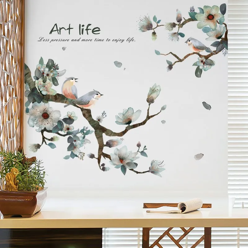 buy Vintage Ink Painting Bird on The Branch Flower Wall Stickers for Living Room DIY TV Background Wall Decorations Art Wallpaper