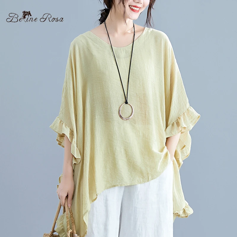 

BelineRosa 2019 Women's Ruffled Women Tops Batwing Sleeve Cotton Linen Plus Size Women Clothing Large Size Tops Shirts SYWY0006