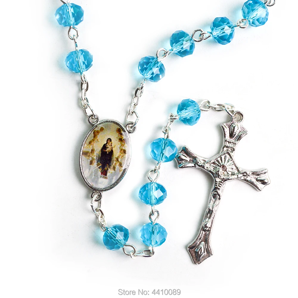 

Our Lady of Angels Center Medal Blue Crystal Bead Rosary Necklace