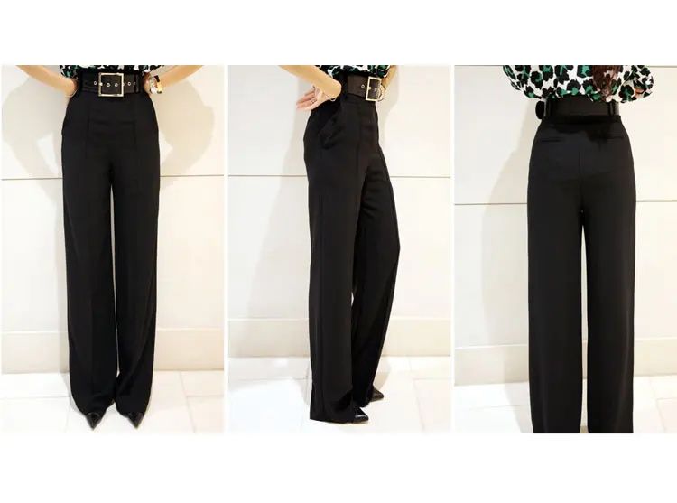 Женские брюки размера плюс S-2XL, новинка, женские широкие брюки для офиса, высокая талия, женские прямые свободные черные OL брюки,, B7N907A
