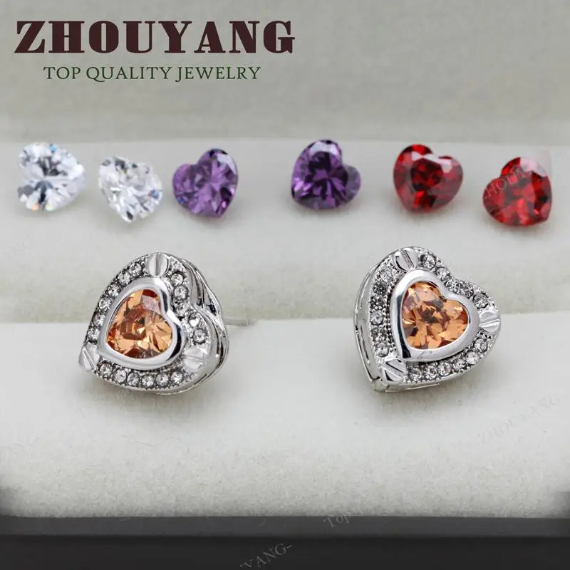 ZHOUYANG Top Quality Three Colour CZ Heart Silver Color Stud Earrings Jewelry Austrian Crystal Wholesale ZYE309