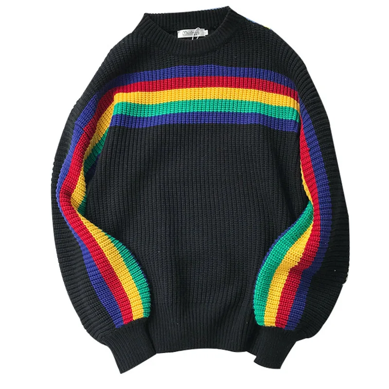 Harajuku Retro Rainbow Knitted Striped Sweater Mens Hip Hop Pullover Sweater Streetwear Male