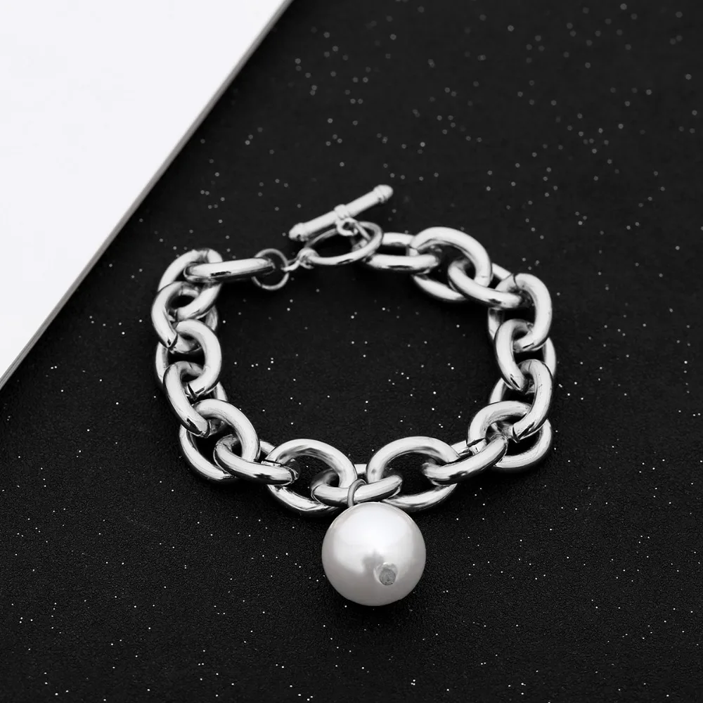 Ingemark Bohemian Imitation Pearl Pendant Bracelet Bangle Women Wedding Accessories Punk Heavy Thick Chain Bracelet Steampunk