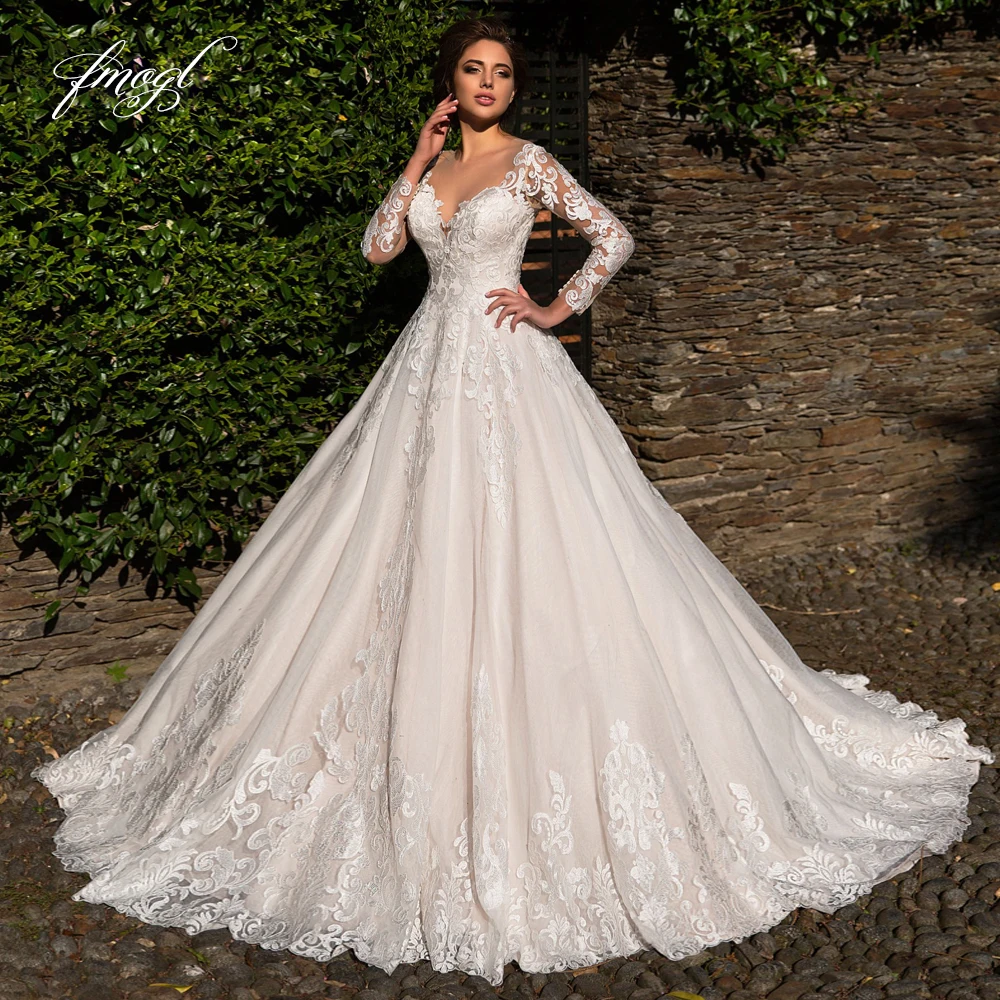

Fmogl Vestido De Noiva Long Sleeve A Line Wedding Dresses 2019 Sexy Illusion Scoop Neck Button Court Train Lace Bride Gown