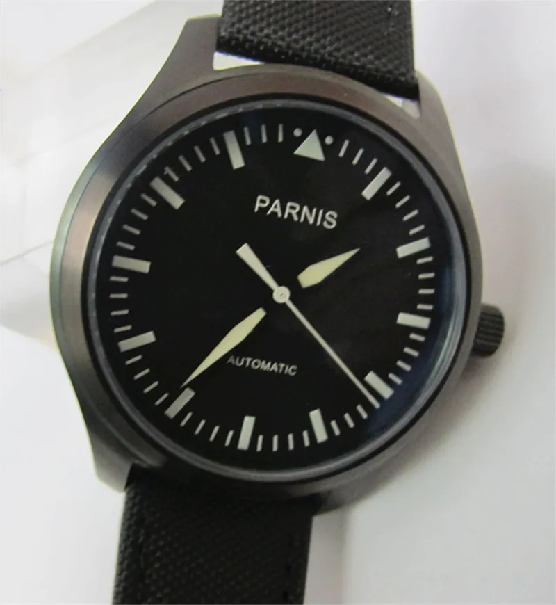 44mm Casual Men Watch Black Parnis Luminous PVD Case Automatic Men's Wrist Watches Mens