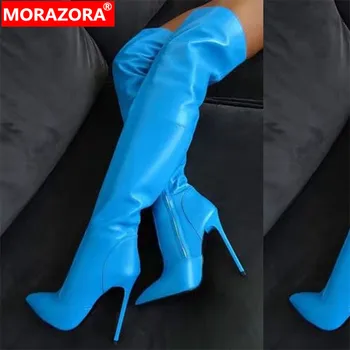 

MORAZORA 2020 plus size 47 thigh high over the knee boots pu pointed toe thin high heels prom shoes woman autumn boots blue
