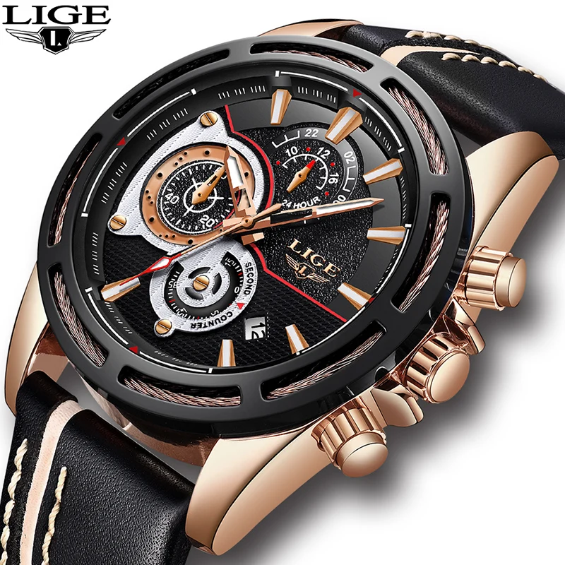 

Men Watch Brand LIGE Fashion Trendy Sports Watches Luxury Chronograph Leather Waterproof Fashion Casual Men Quartz Watch