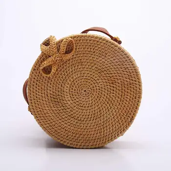 

AUAU-Women Handwoven Round Rattan Bag Shoulder Leather Straps Natural Chic Handbag