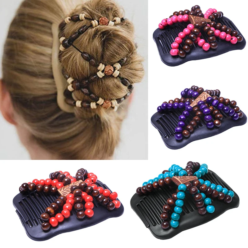 

Women Double Bead Hair Comb Retro Magic Hair Clip Elastic Beads Hairpin Stretchy Hair Combs Hair Accessories 17 Styles
