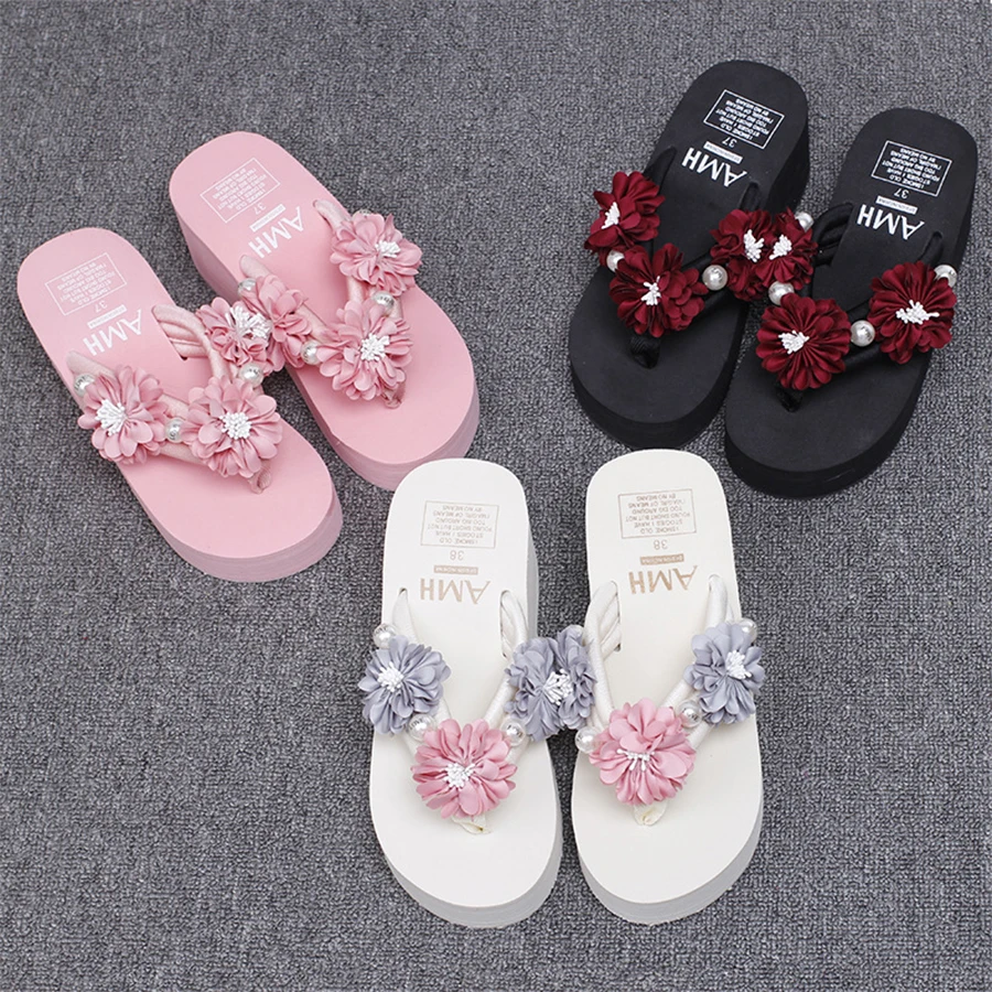 

New Antiskid Beach Slippers Flower Pearl Terlik Summer Platform Woman Holiday High Heel Beach Flip Flops Sandals Zapatos Mujer