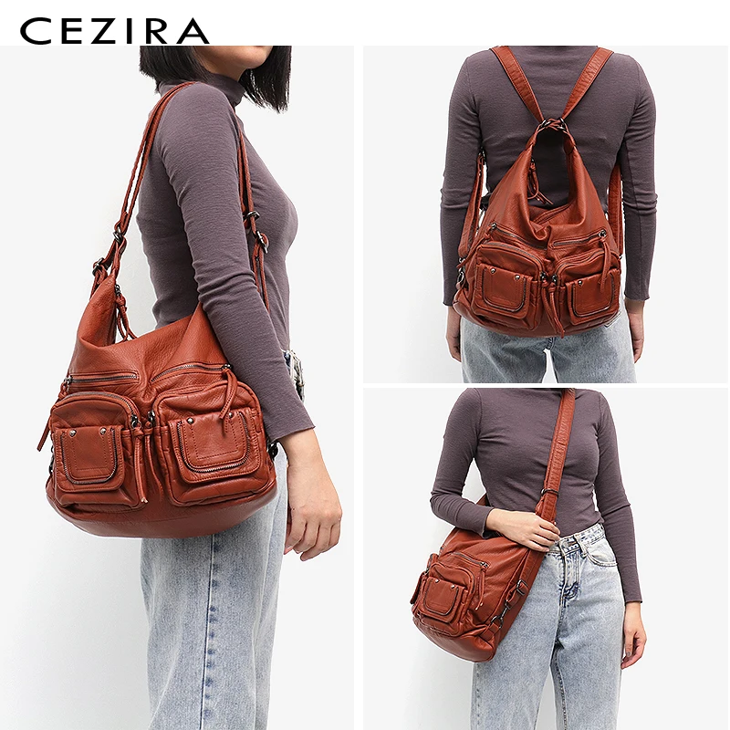 CEZIRA, большие мягкие повседневные женские сумки, функциональный школьный рюкзак для девочек, сумка из искусственной кожи, женская сумка с несколькими карманами, сумка-мессенджер и сумка на плечо