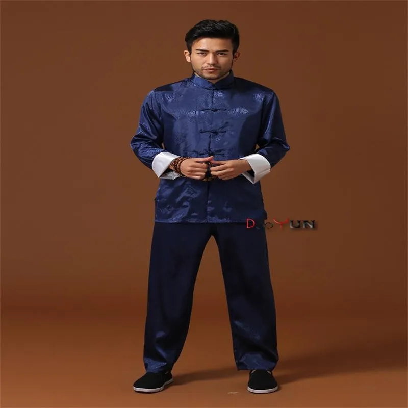 Продвижение Черный китайский мужской костюм кунг-фу шелковая атласная тай-чи винтажная одежда на пуговицах M L XL XXL XXXL