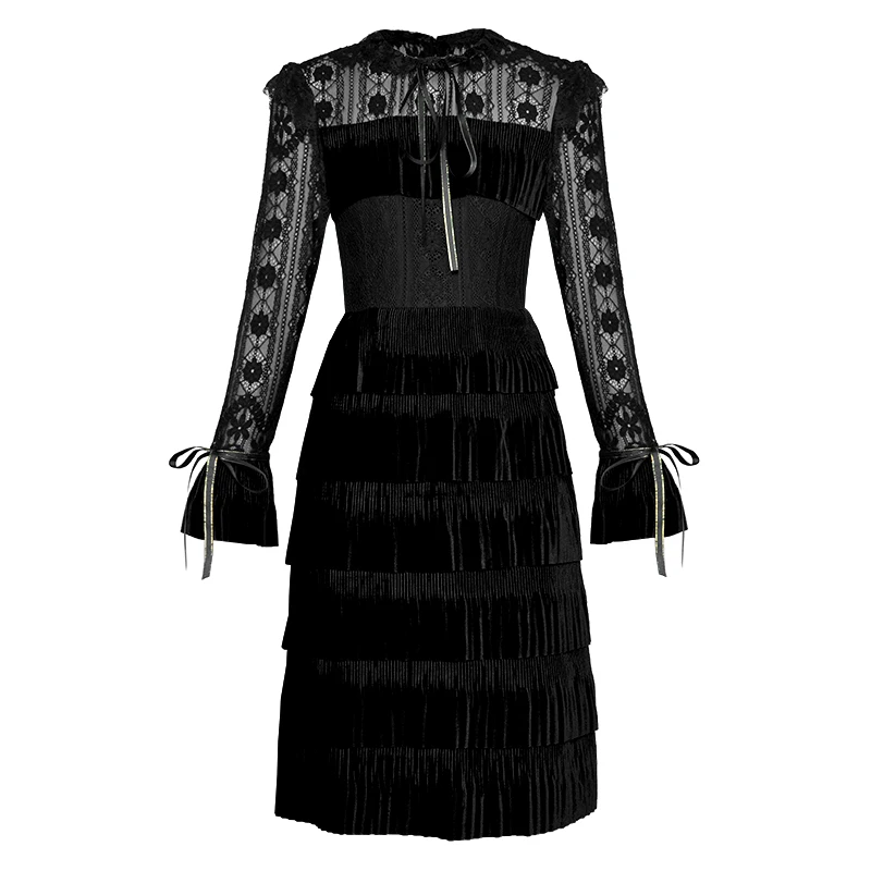 

MoaaYina See through Flare Sleeve Lace Patchwork Cascading Ruffle dress Spring Women Fashion Designer Runway high quality Dress